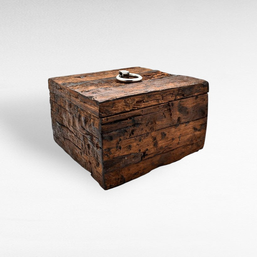 ROUGH WOOD SQ. BOX WITH SILVER 36x36x22,5cm - Chora Mykonos