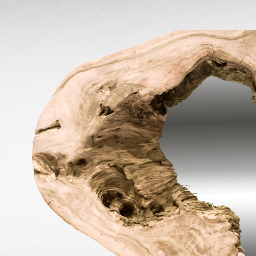 Chora Barefoot Luxury Living bleached suar wood mirror with organic live edge and unique natural grain textures.