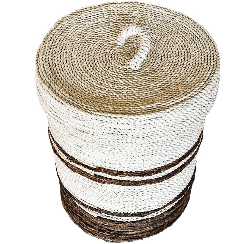 SYNTHETIC RATTAN BASKET WITH LID WHITE AND BROWN - Chora Mykonos