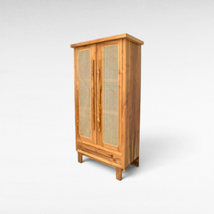 Chora Barefoot Luxury Living Viennesse rattan buffet cabinet with natural wood frame and woven cane door panels.