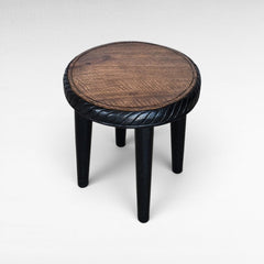 4 LEGS CARVED STOOL BLACK AND NATURAL TOP - Chora Mykonos