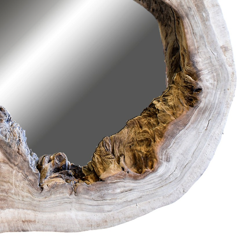 Chora Barefoot Luxury Living bleached suar wood mirror featuring organic live edge curves and natural grain textures.