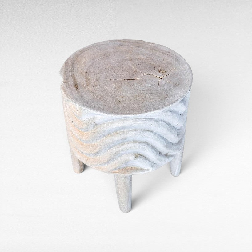 BLEACHED MANGO STOOL WITH CARVING - Chora Mykonos