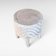 BLEACHED MANGO STOOL WITH CARVING - Chora Mykonos
