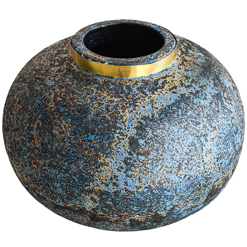 POT WITH GOLD RING AND BLUE RUSTY FINISH 28x28x25cm - Chora Mykonos