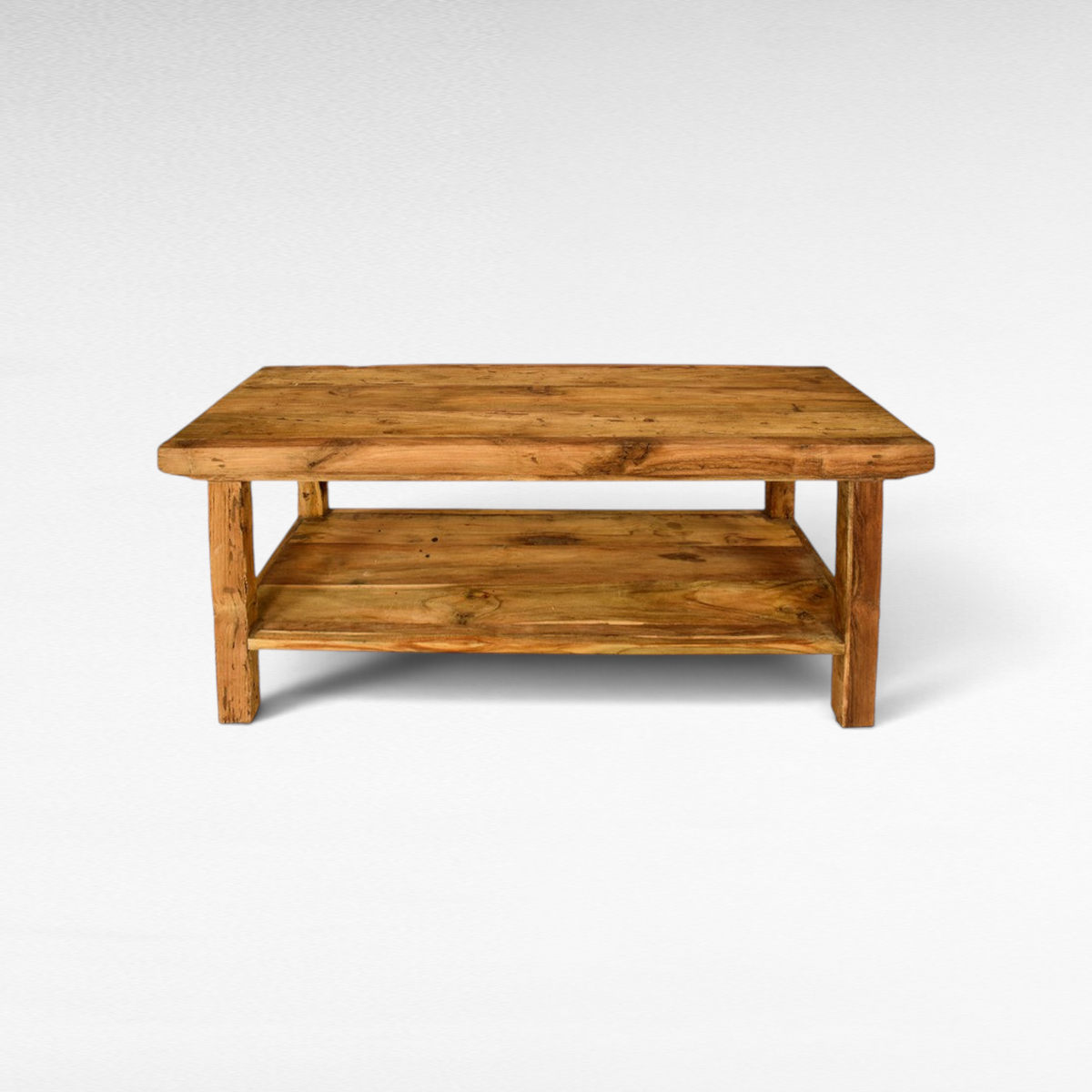 Chora Barefoot Luxury Living natural solid wood console table with a lower storage shelf and visible wood grain.