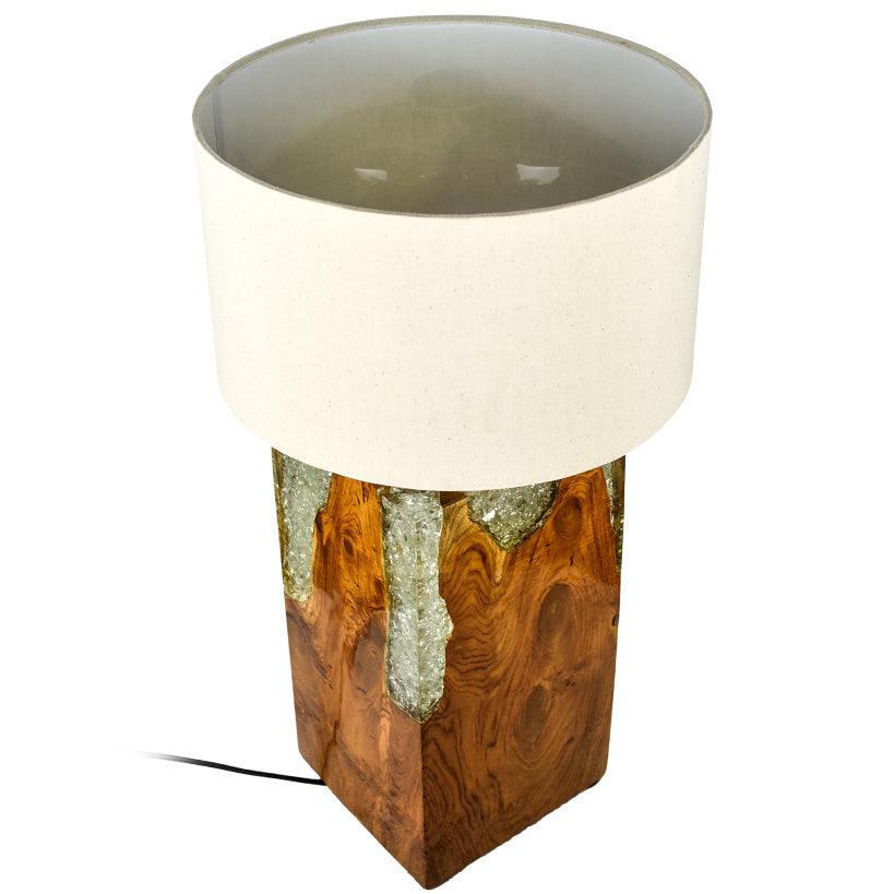 NATURAL TEAK SQUARE  TRANSPARENT  RESIN TABLE LAMP