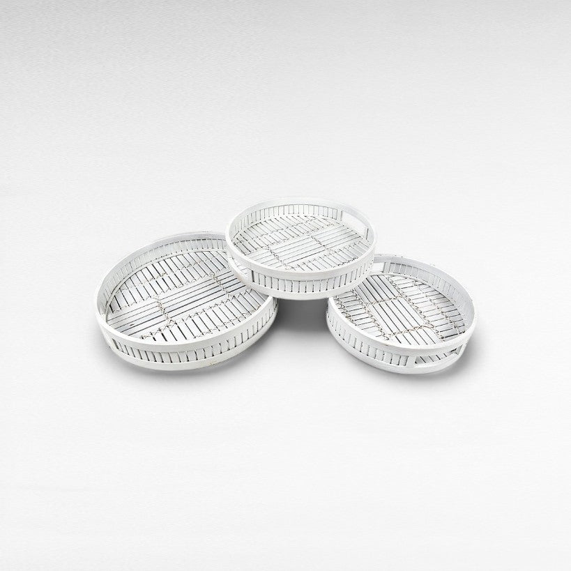 ROUND BAMBOO WHITE TRAY SET OF 3