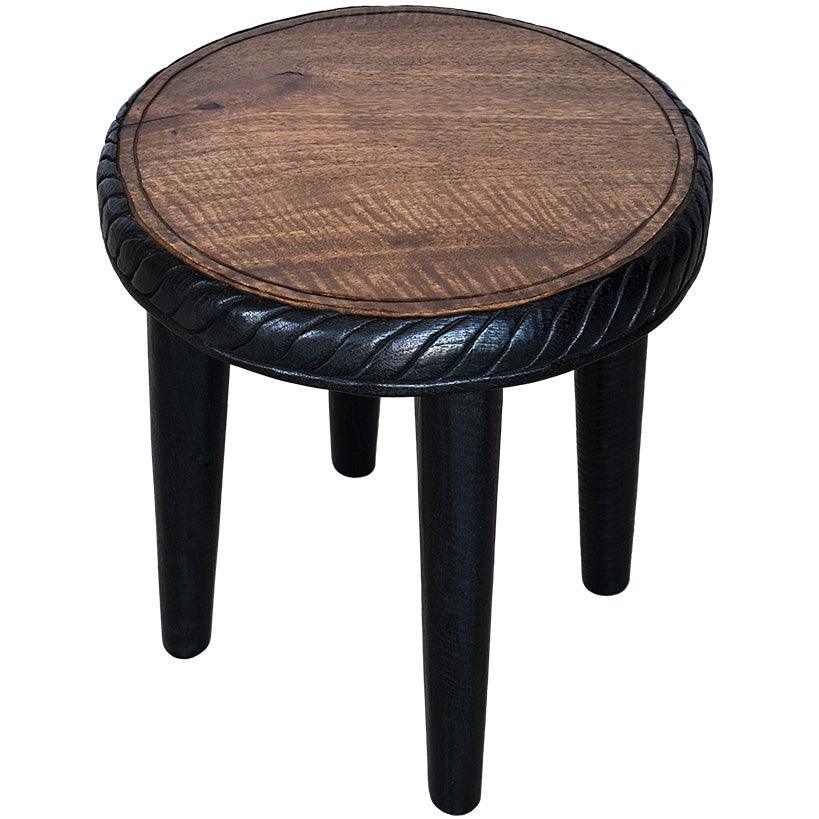 4 LEGS CARVED STOOL BLACK AND NATURAL TOP - Chora Mykonos