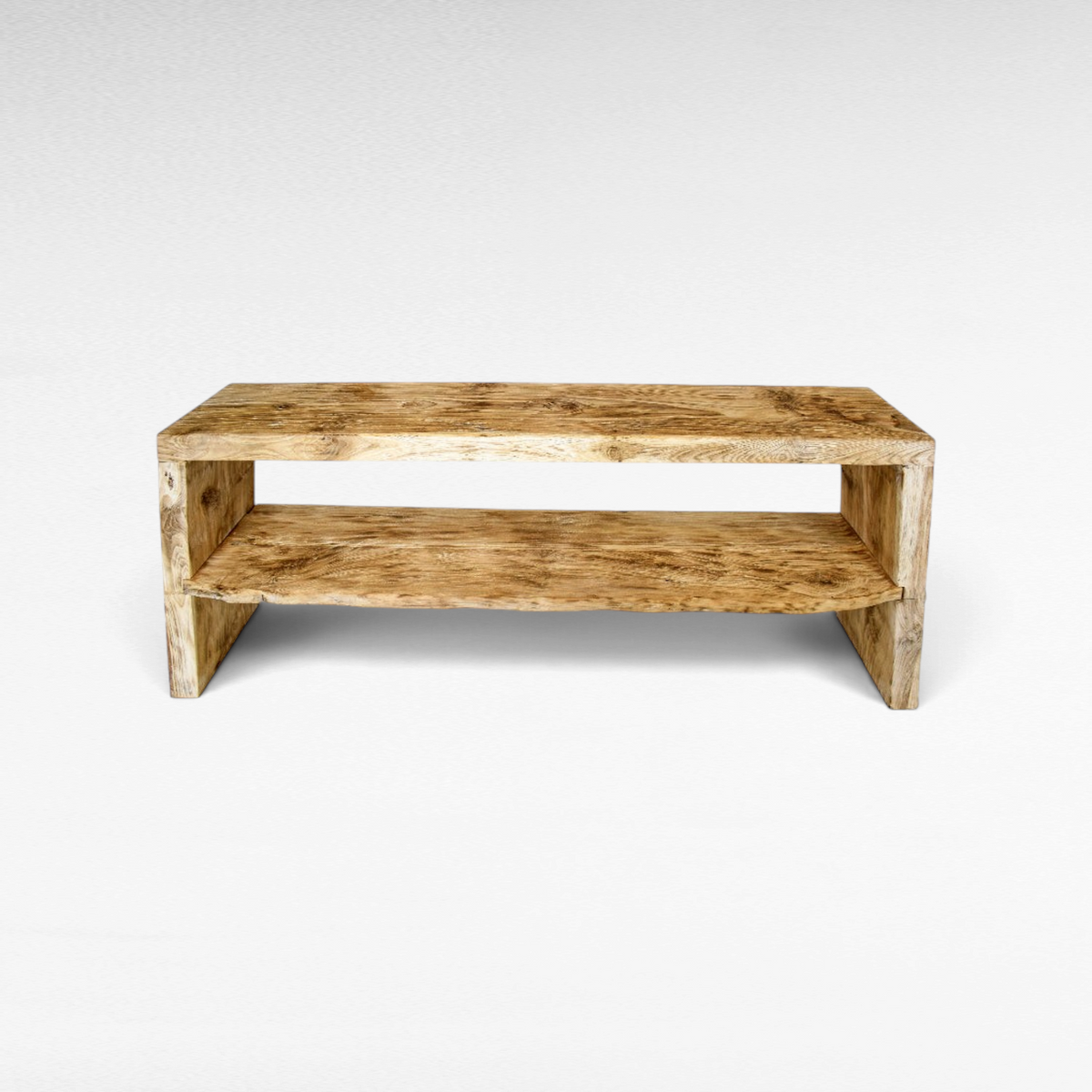 Chora Barefoot Luxury Living rustic wooden console table with a natural live edge finish and lower storage shelf.