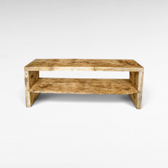 Chora Barefoot Luxury Living rustic wooden console table with a natural live edge finish and lower storage shelf.