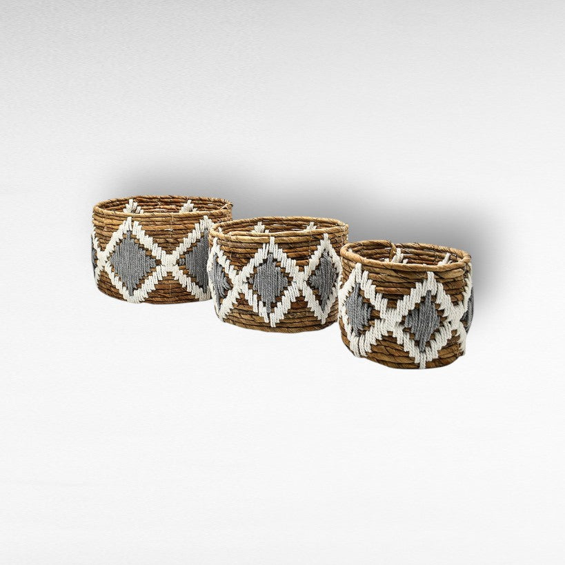 BANANA LEAF & MACRAME SET OF 3 - NATURAL GREY WHITE