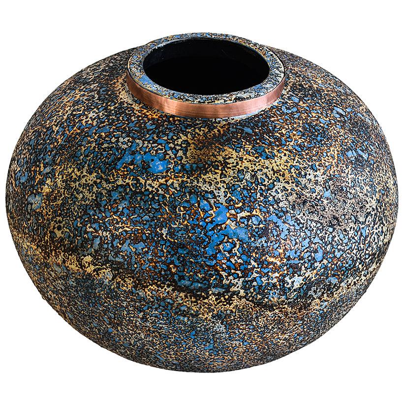 POT WITH COPPER RING AND BLUE RUSTY FINISH - Chora Mykonos
