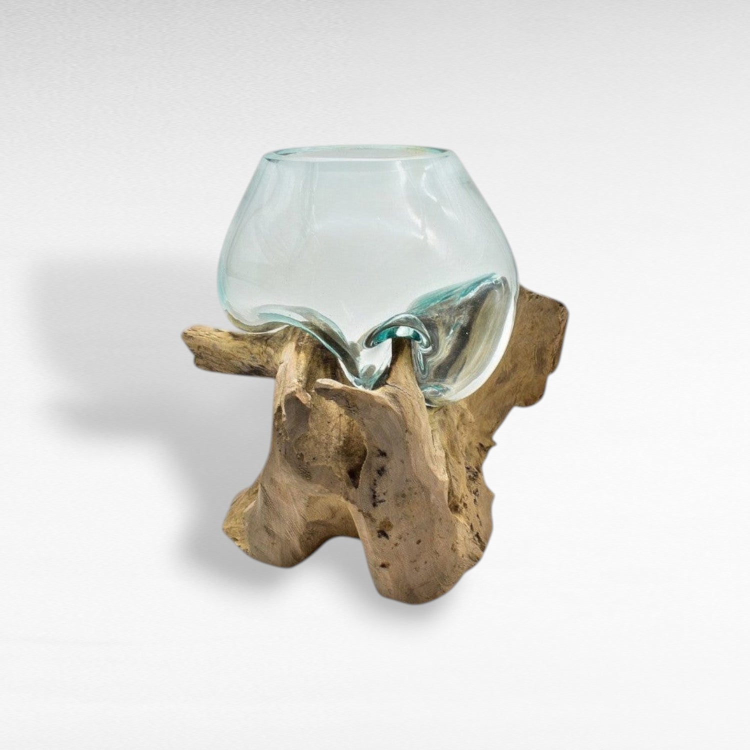 GLASS BOWL MEDIUM ON TEAK ROOT - Chora Mykonos