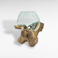 GLASS BOWL MEDIUM ON TEAK ROOT - Chora Mykonos
