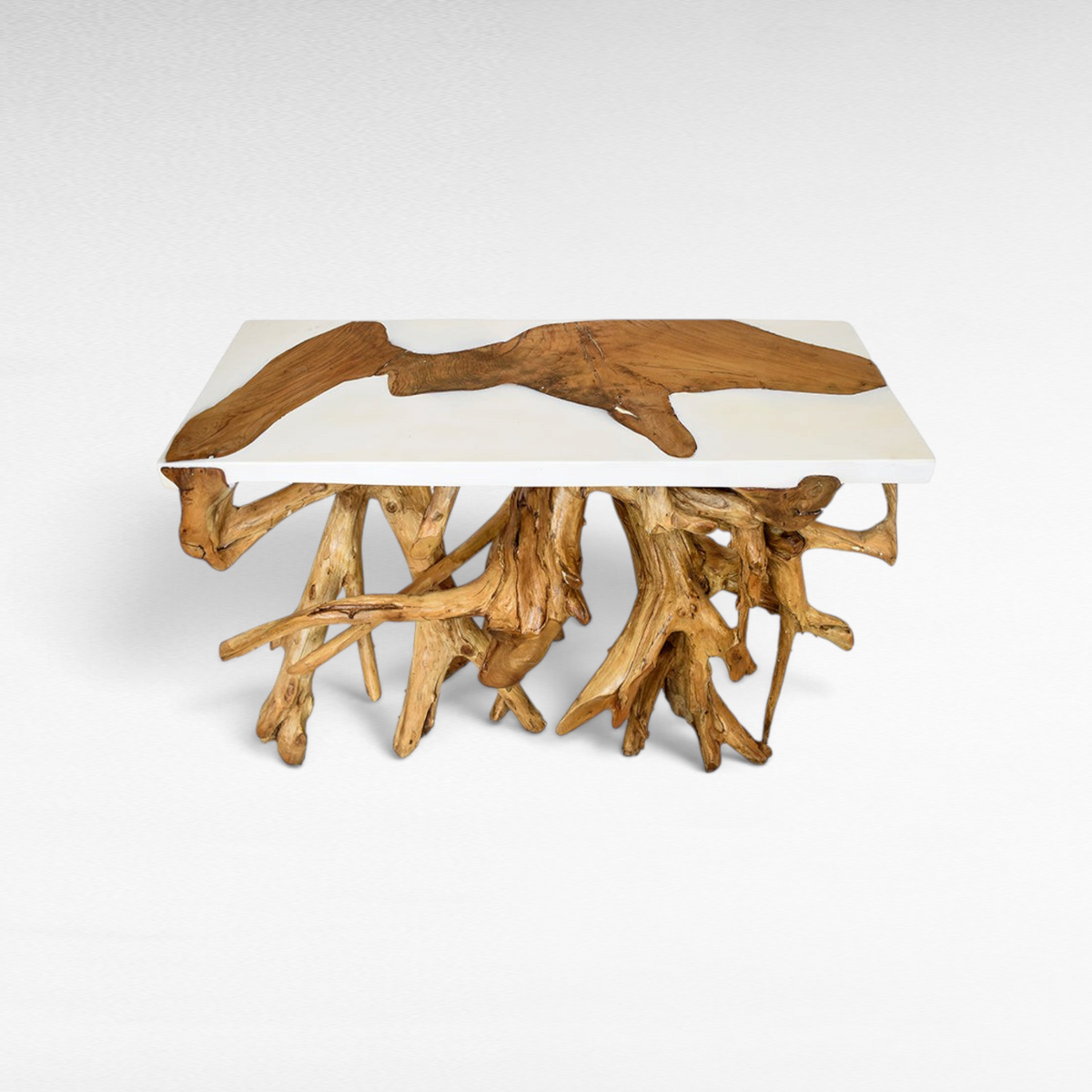 Κονσόλα Chora Barefoot Luxury Living από ξύλο teak με λευκή ρητίνη και φυσική βάση από ρίζες δέντρου