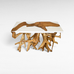 Κονσόλα Chora Barefoot Luxury Living από ξύλο teak με λευκή ρητίνη και φυσική βάση από ρίζες δέντρου