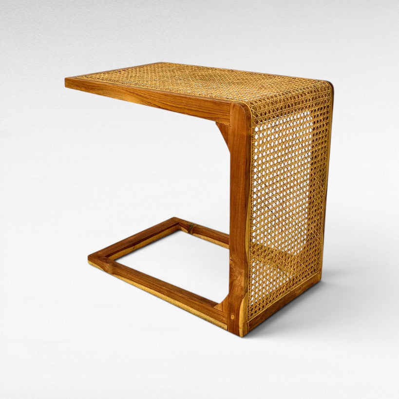 TEAK WOOD AND VIENNESE RATTAN SIDE TABLE W65 |D40 |H60 CM