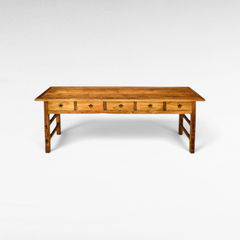 Chora Barefoot Luxury Living rustic teak wood console table featuring five drawers and antique metal hardware
