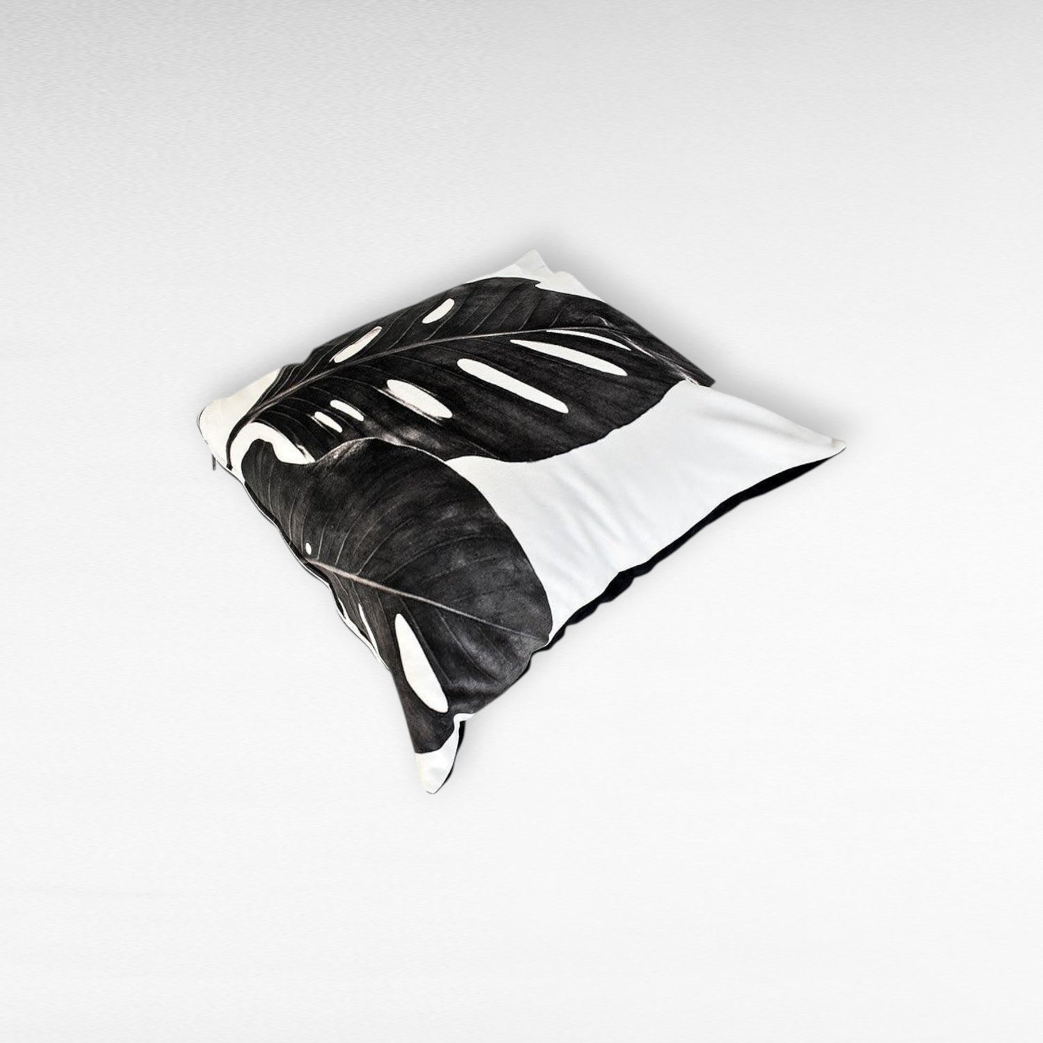 BLACK & WHITE SHAVED VELVET PILLOW WITH BLACK TROPICAL PRINT - Chora Mykonos