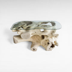 BLEACHED CARVED SUAR CONSOLE TABLE W/ GLASS 135x55x80cm - Chora Mykonos
