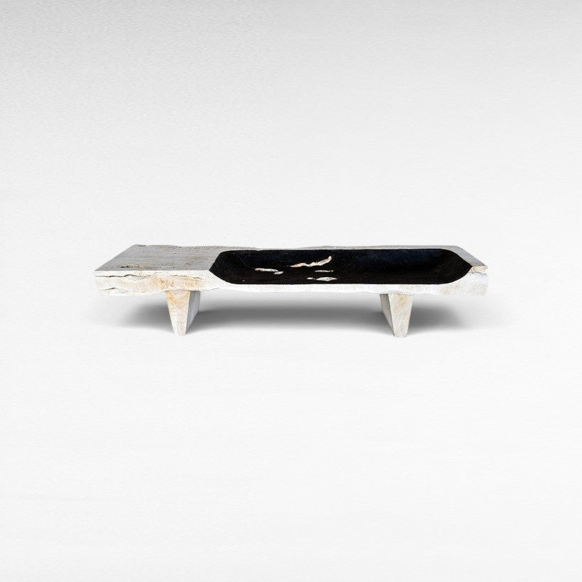 BLEACHED WITH BLACK SEAT TEAK WOOD BENCH - Chora Mykonos