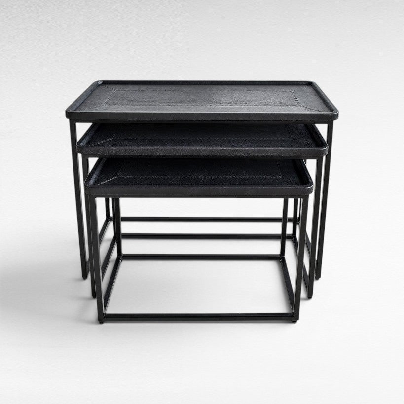 IRON/LEATHER NESTING TABLE SET OF 3 IN BLACK FINISH 82x60x60cm - Chora Mykonos