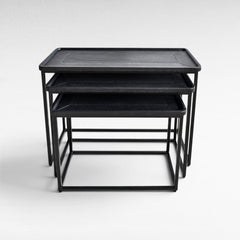 IRON/LEATHER NESTING TABLE SET OF 3 IN BLACK FINISH 82x60x60cm - Chora Mykonos
