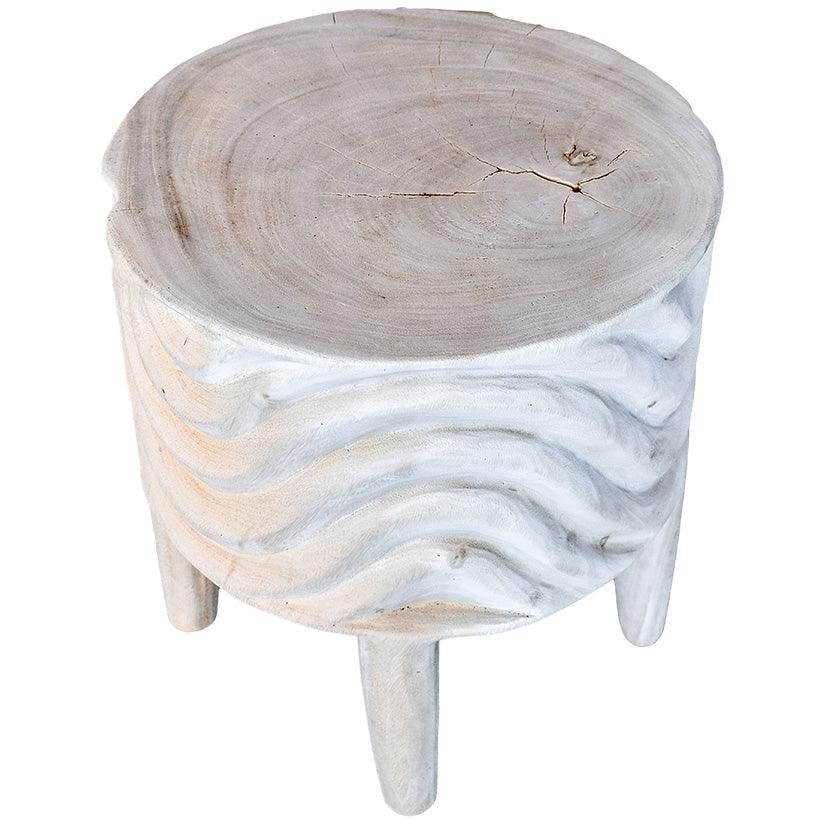 BLEACHED MANGO STOOL WITH CARVING - Chora Mykonos