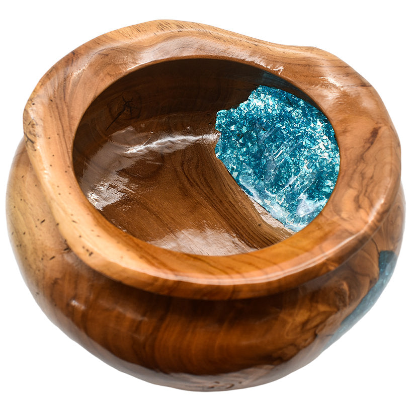 TEAK WOOD CLEAR RESIN HALF BLUE GLASS BOWL 35 CM