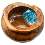 TEAK WOOD CLEAR RESIN HALF BLUE GLASS BOWL 35 CM