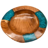 TEAK WOOD & HALF TURQUOISE RESIN CLEAR GLASS BOWL 35 CM