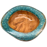 TEAK WOOD & FULL TURQUOISE RESIN CLEAR GLASS BOWL 35 CM