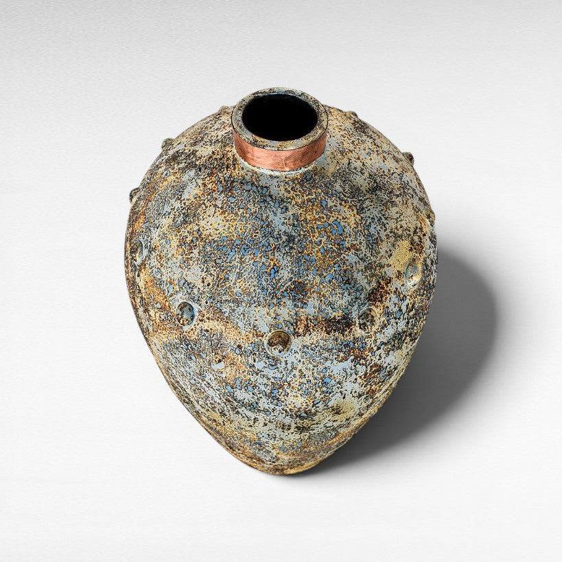 POT WITH COOPER RING LARGE LIGHT BLUE - Chora Mykonos