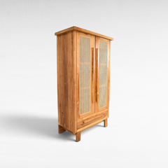 Chora Barefoot Luxury Living Viennesse rattan buffet cabinet with natural wood frame and woven cane door panels.