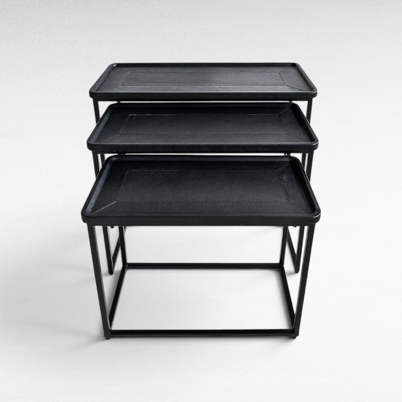 IRON/LEATHER NESTING TABLE SET OF 3 IN BLACK FINISH 82x60x60cm - Chora Mykonos