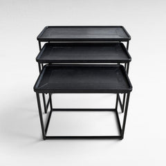 IRON/LEATHER NESTING TABLE SET OF 3 IN BLACK FINISH 82x60x60cm - Chora Mykonos