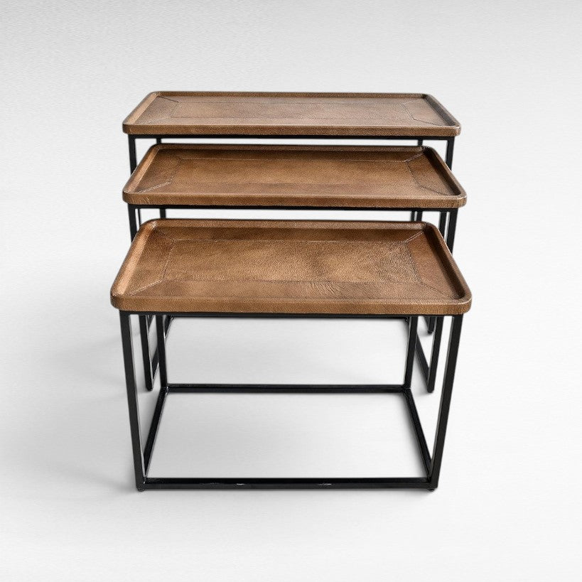 NESTING TABLE LEATHER IN BROWN FINISH SET OF 3 - Chora Mykonos
