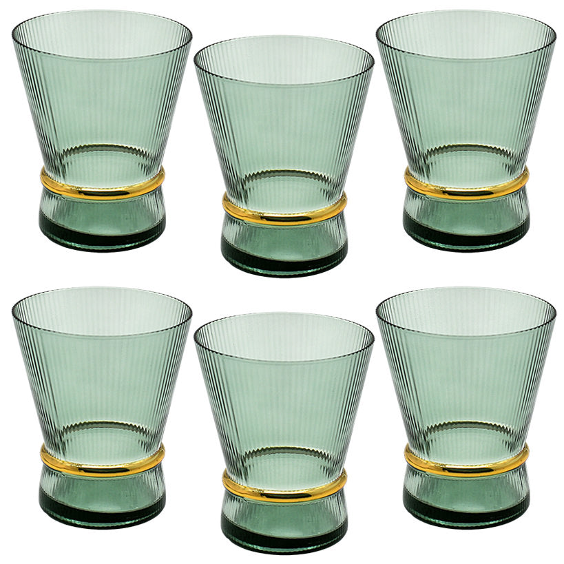 Elegant Green Glasses Set – Chic Gold Stripe Design for Stylish Entertaining