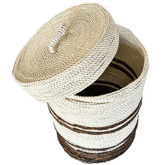 SYNTHETIC RATTAN BASKET WITH LID WHITE AND BROWN - Chora Mykonos