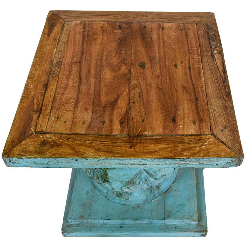 TEAK WOOD BASE TABLE 45X45X42 ANTIQUE BLUE