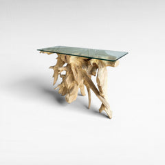 BLEACHED TEAK CONSOLE WITH GLASS 110x45x80cm - Chora Mykonos