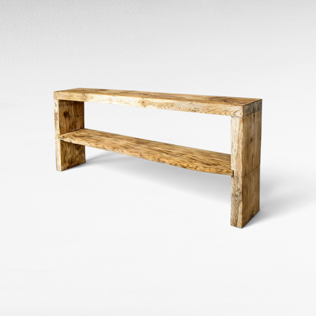 Chora Barefoot Luxury Living rustic wooden console table with a natural grain finish and lower storage shelf