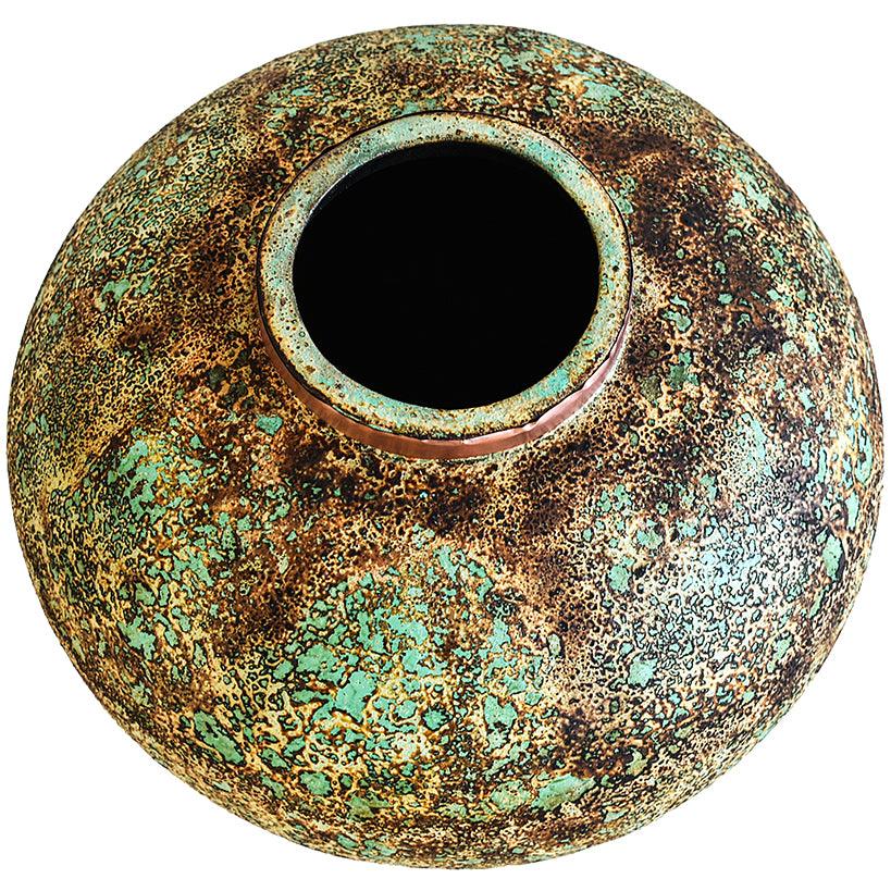 POT WITH COPPER RING AND GREEN RUSTY FINISH 39x39x32cm - Chora Mykonos