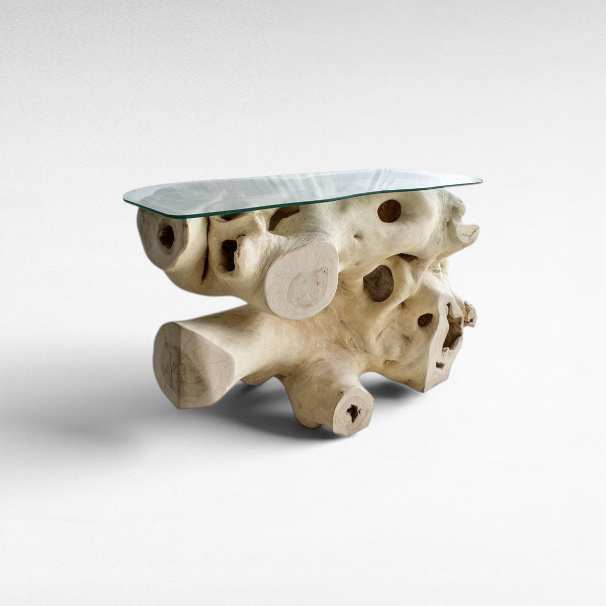 BLEACHED CARVED SUAR CONSOLE TABLE W/ GLASS 135x55x80cm - Chora Mykonos