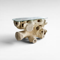 BLEACHED CARVED SUAR CONSOLE TABLE W/ GLASS 135x55x80cm - Chora Mykonos
