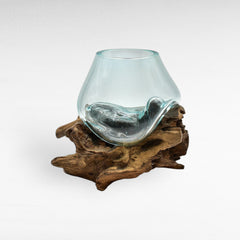 GLASS BOWL 18 CM ON TEAK ROOT NATURAL 23x30x26cm - Chora Mykonos