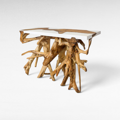 Κονσόλα Chora Barefoot Luxury Living από ξύλο teak με λευκή ρητίνη και φυσική βάση από ρίζες δέντρου