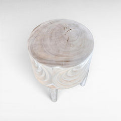 BLEACHED MANGO STOOL WITH CARVING - Chora Mykonos