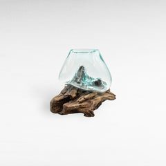 GLASS BOWL MEDIUM ON TEAK ROOT NATURAL 25x25x27cm - Chora Mykonos